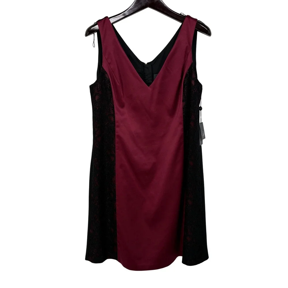 Adrianna Papell Burgundy Satin Black Lace V-Neck Cocktail Dress Plus Size 16 NWT